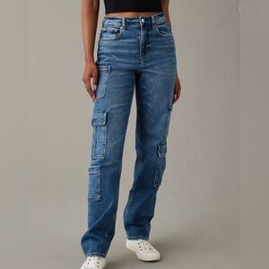 American Eagle Super High-Rise Baggy Straight Cargo Jeans Sz 2 Short NWT Utility